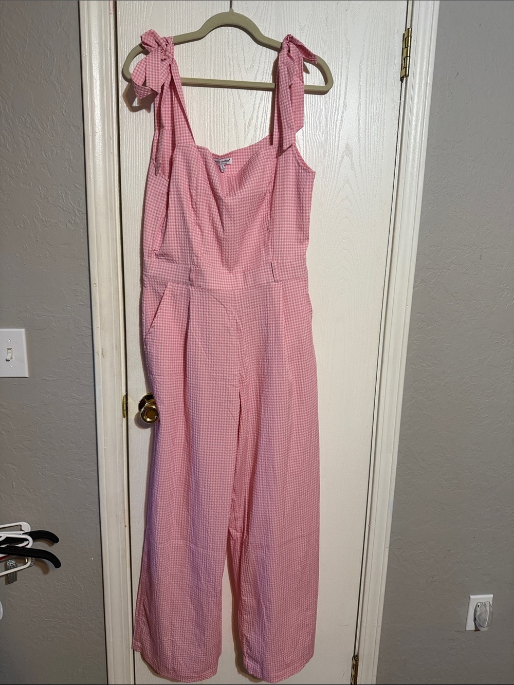 Simply Southern Pink Gingham Tie-Shoulder Wide-Leg Jumpsuit